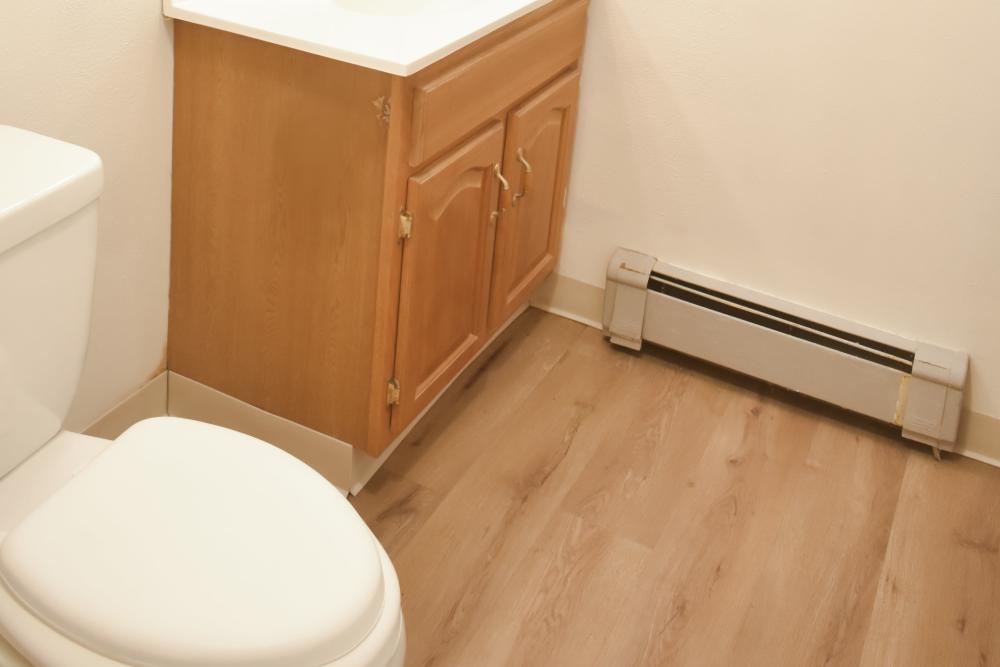Bathroom with storage space at Whispering Pines in Grayling, Michigan