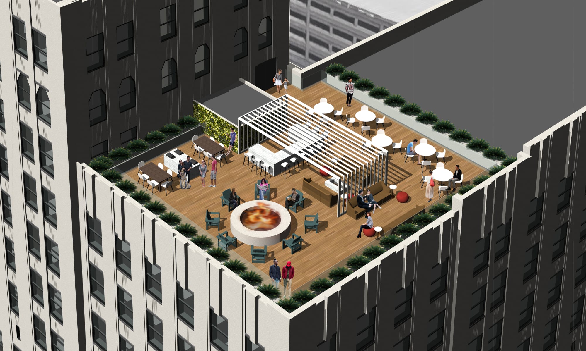 Rendering of rooftop patio at The Kahn in Detroit, Michigan