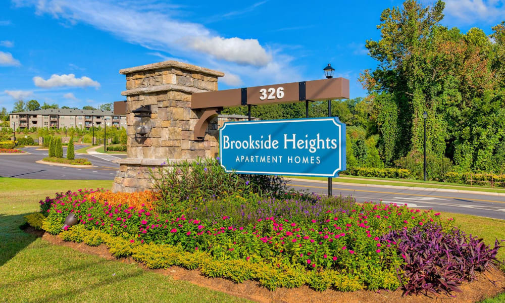 Main sign in front of Brookside Heights Apartments in Cumming, Georgia