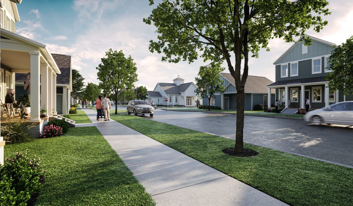 Street view of cottages at Hamlet at MidCity in Huntsville, Alabama