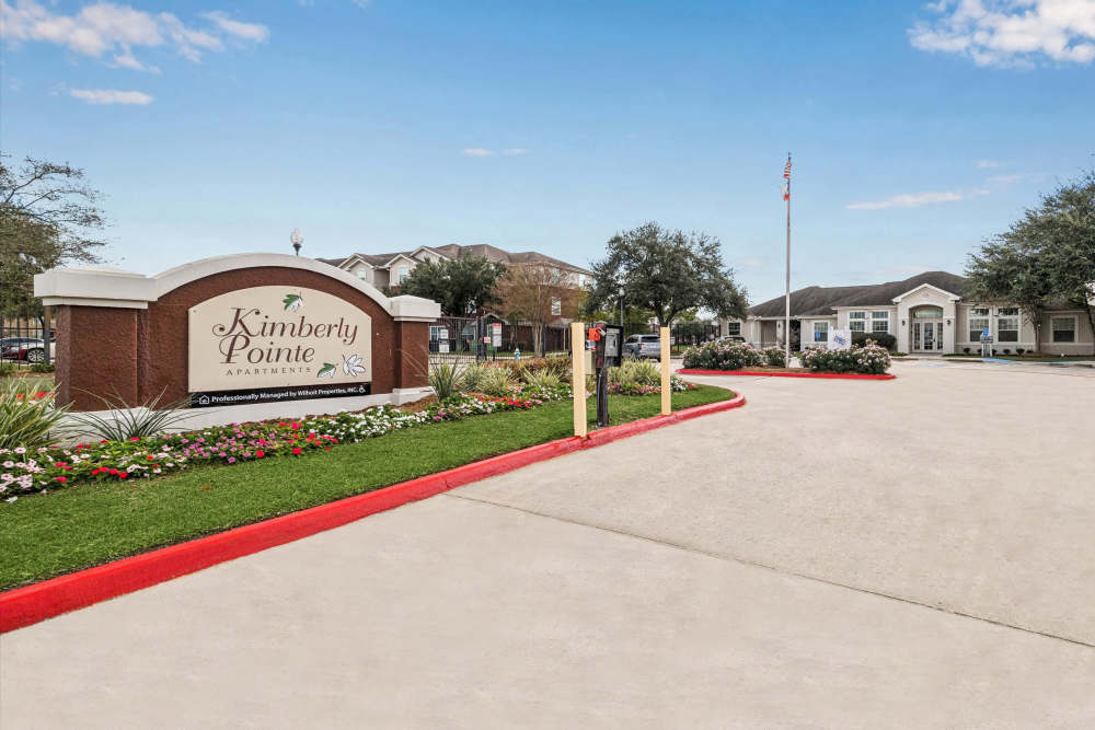 Monument stone near the entrance of the community at Kimberly Pointe in Houston, Texas