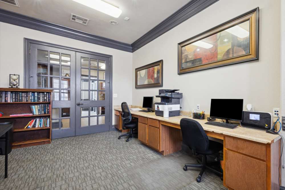 Business center with computers at Lansbourough in Houston, Texas