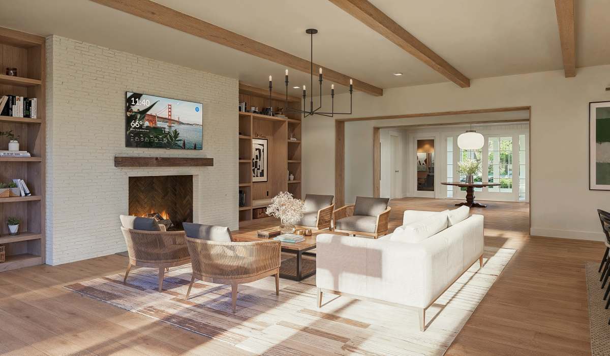 Clubhouse with fireplace and television at The Village in Stratford, Connecticut