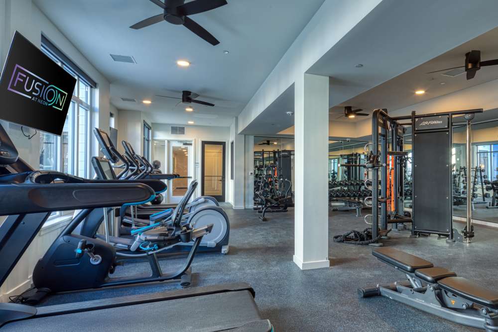 Fully equipped fitness center at Fusion at Neon in Norfolk, Virginia