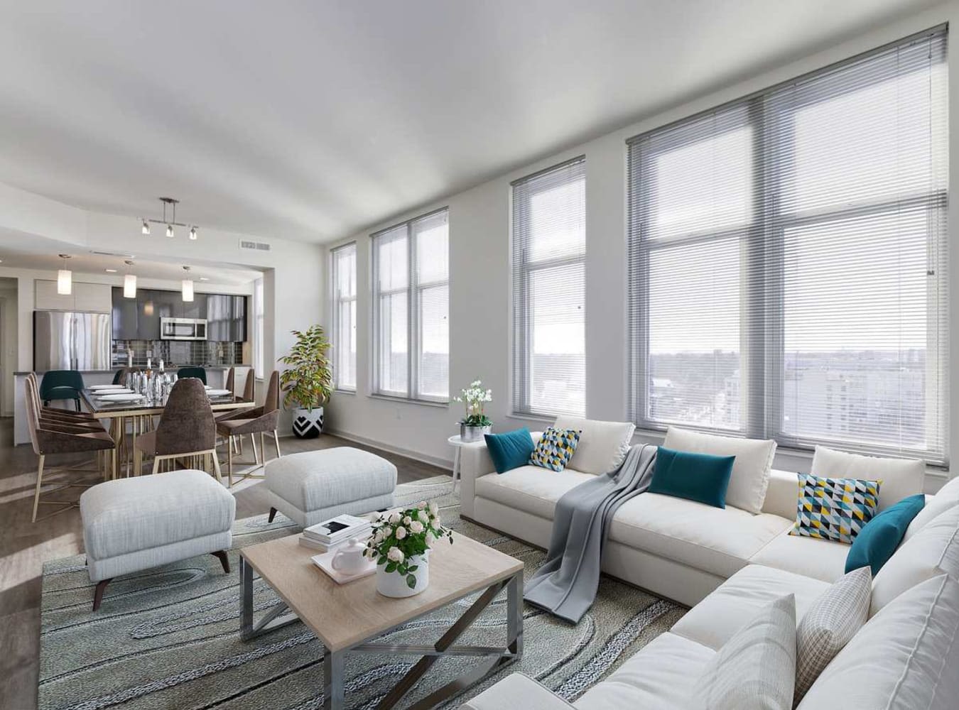 Sitting area with large windows at Solaire 7077 Woodmont in Bethesda, Maryland