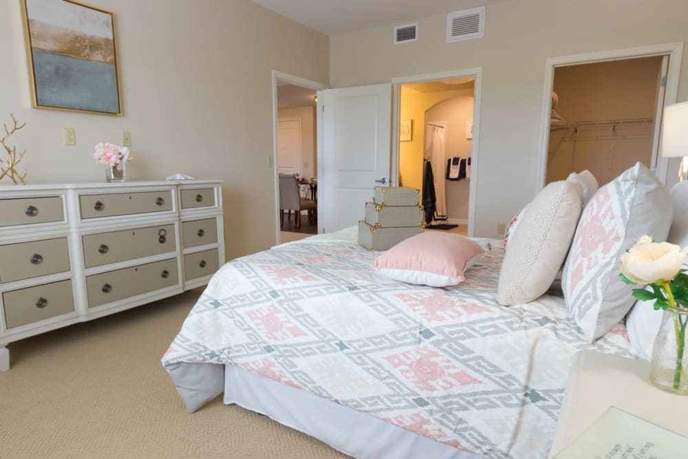 A spacious, decorated bedroom at Harmony at Independence in Virginia Beach, Virginia