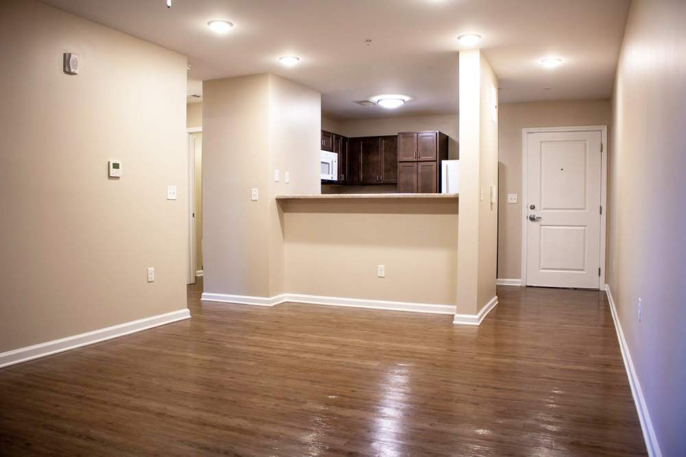 Open model kitchen and living area at Adair Court in Atlanta, Georgia