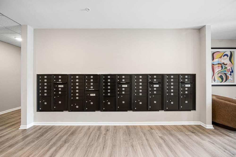 Mailboxes mounted on wall with wood-style flooring and modern art nearby at Black Rock Crossing in Marquette, Michigan
