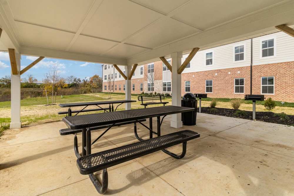 Covered picnic area with black tables and grills overlooking landscaped grounds at Haven Crossing in Walton, Kentucky
