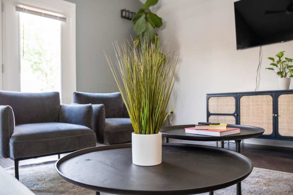 Modern living room with couches and table at Josephs Crossing in Summersville, West Virginia