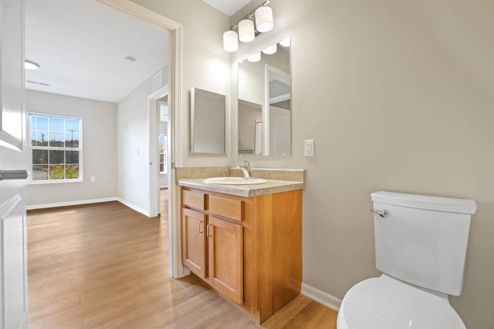 Bright bathroom with modern vanity and large window for natural light at Kershaw Greene II in Athens, Ohio