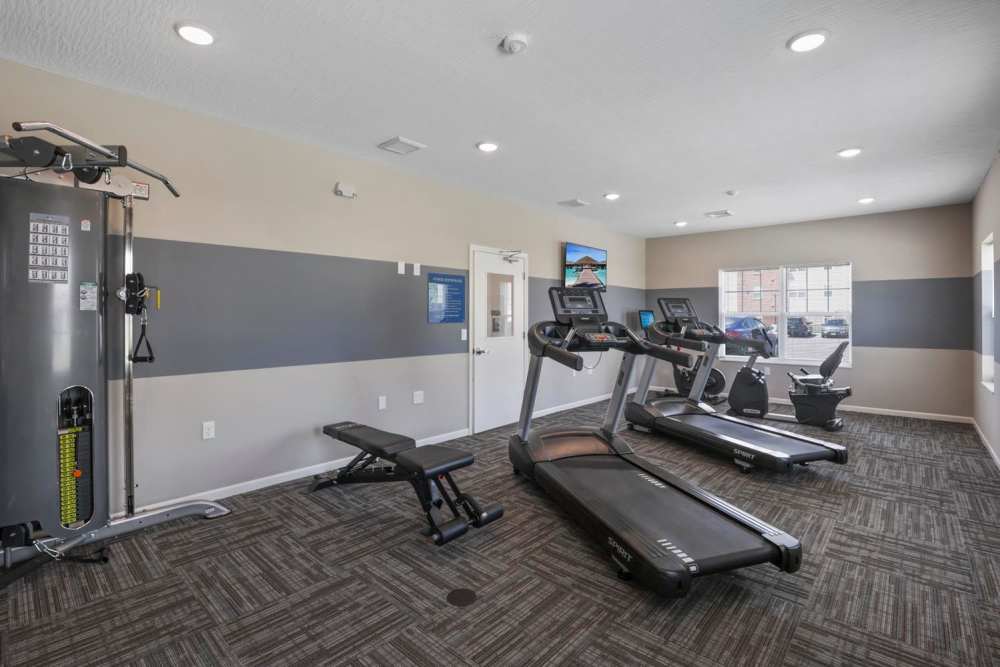 Modern fitness center with treadmills, weight bench, and large windows for natural light at Wheatland Crossing II in Columbus, Ohio