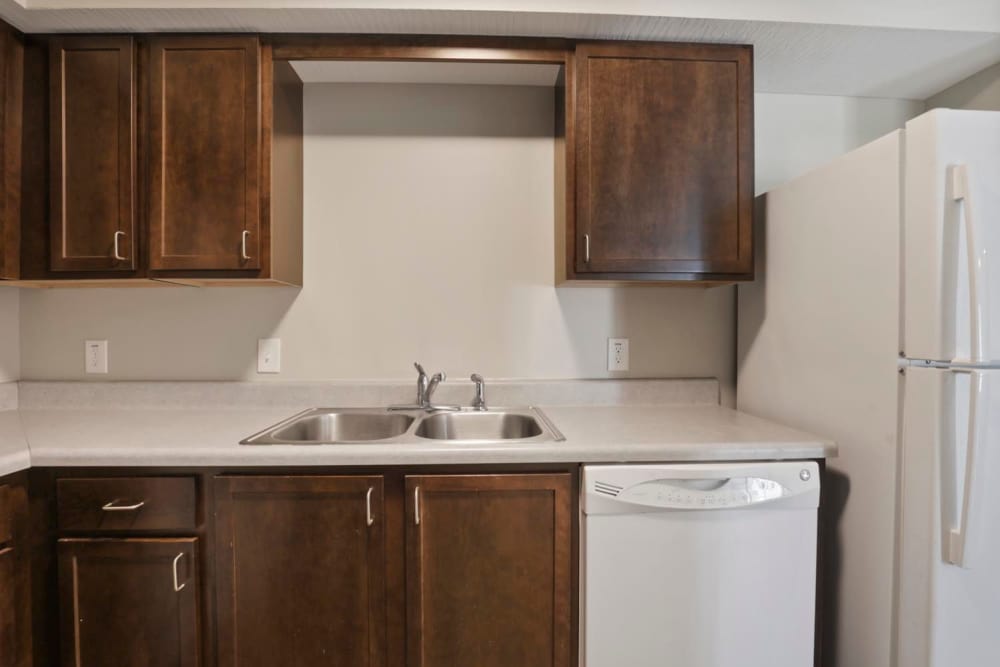 Modern kitchen with dark wood cabinets, double sink, and stainless steel appliances at Wheatland Crossing II in Columbus, Ohio