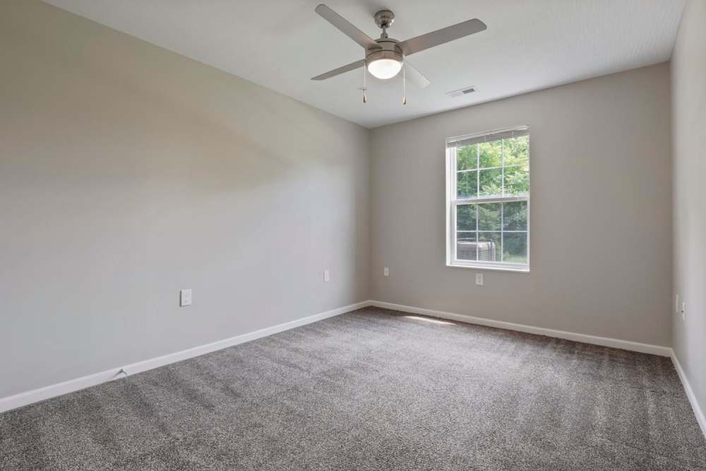 Spacious bedroom with light gray walls, ceiling fan, and large window overlooking greenery at Wheatland Crossing II in Columbus, Ohio