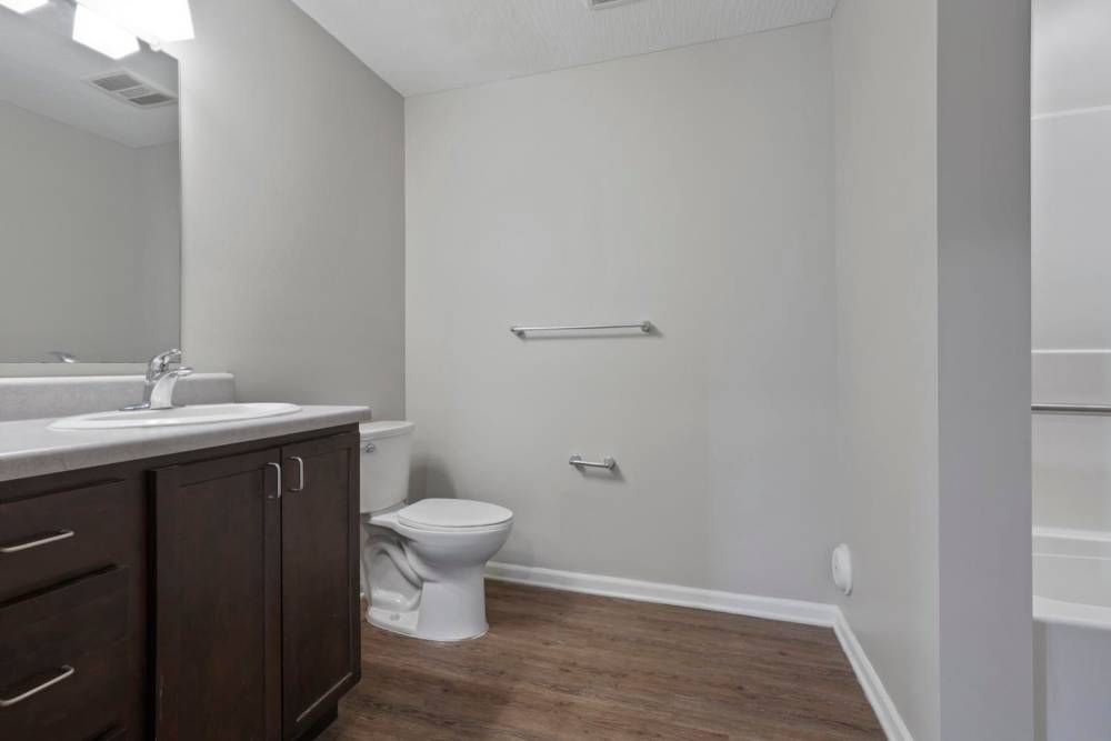 Modern bathroom with wood-style flooring, dark cabinetry, sink, and toilet at Wheatland Crossing II in Columbus, Ohio