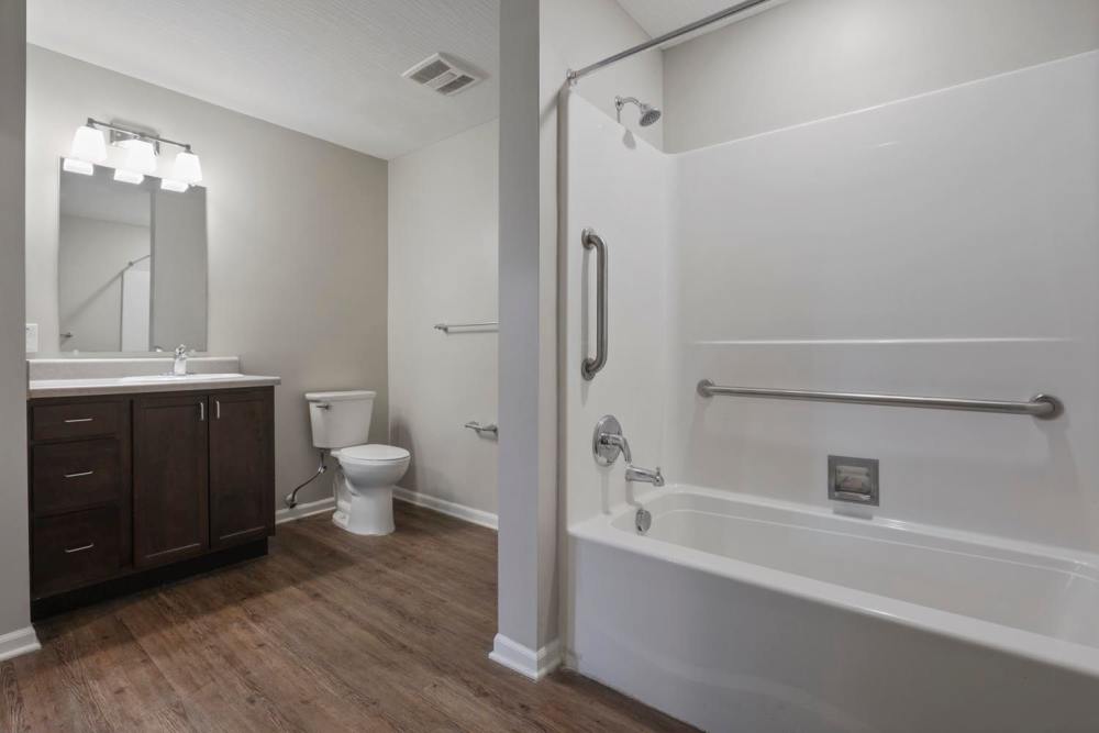 Modern bathroom with dark cabinetry, wood-style flooring, large mirror, and grab bars for accessibility at Wheatland Crossing II in Columbus, Ohio