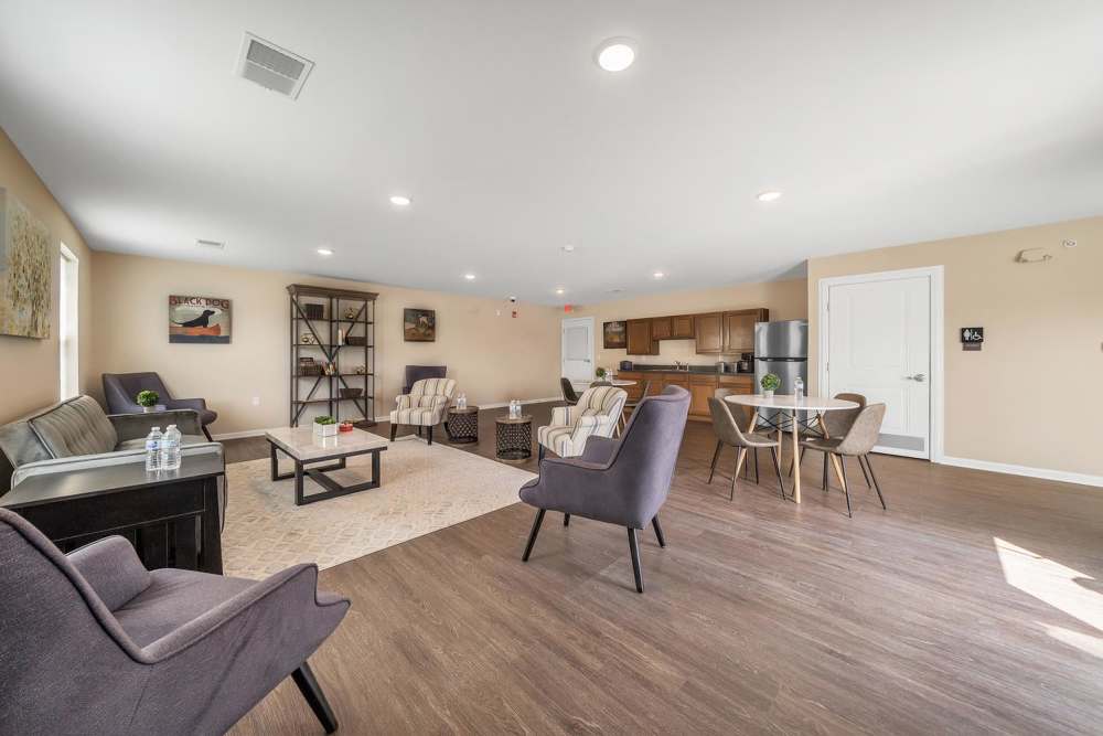 Community room with kitchen at The Hamilton in Pontiac. MI