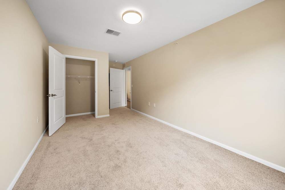 Bedroom with closet and carpet flooring at The Hamilton in Pontiac. MI