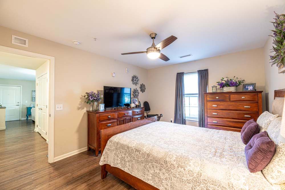 Spacious bedroom with wood-style flooring, ceiling fan, and natural light from window at White Oak Crossing in Knoxville, Tennessee