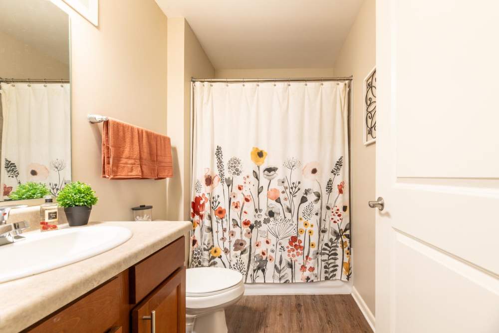 Bright bathroom with floral shower curtain, wooden flooring, and modern fixtures at White Oak Crossing in Knoxville, Tennessee