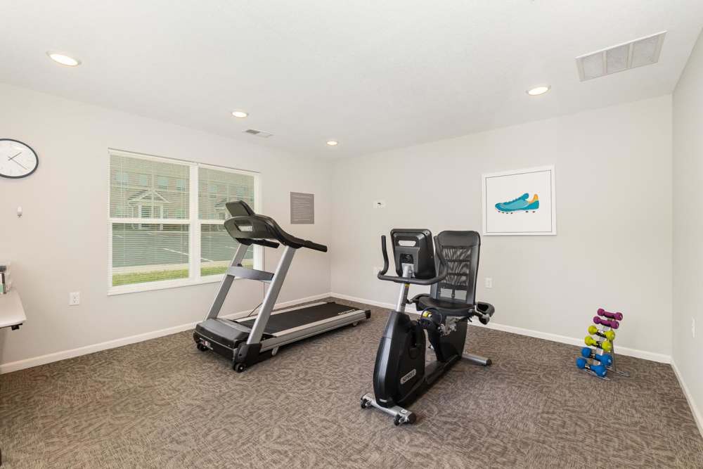 Bright fitness room with treadmill, exercise bike, and colorful dumbbells on the floor at Towne Creek Crossing in Walton, Kentucky