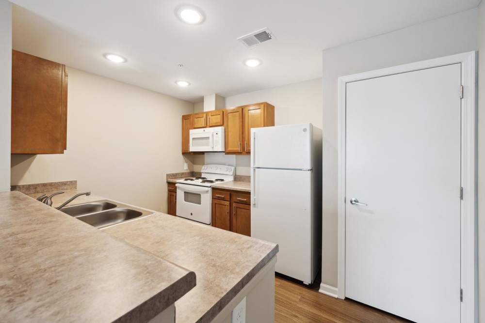 Modern kitchen with granite countertops, stainless steel appliances, and wood-style flooring at Woodward Way in East Lansing, Michigan