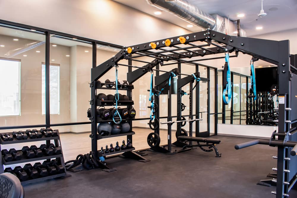Fitness center with dumbell racks at Lakeview in Reno, Nevada