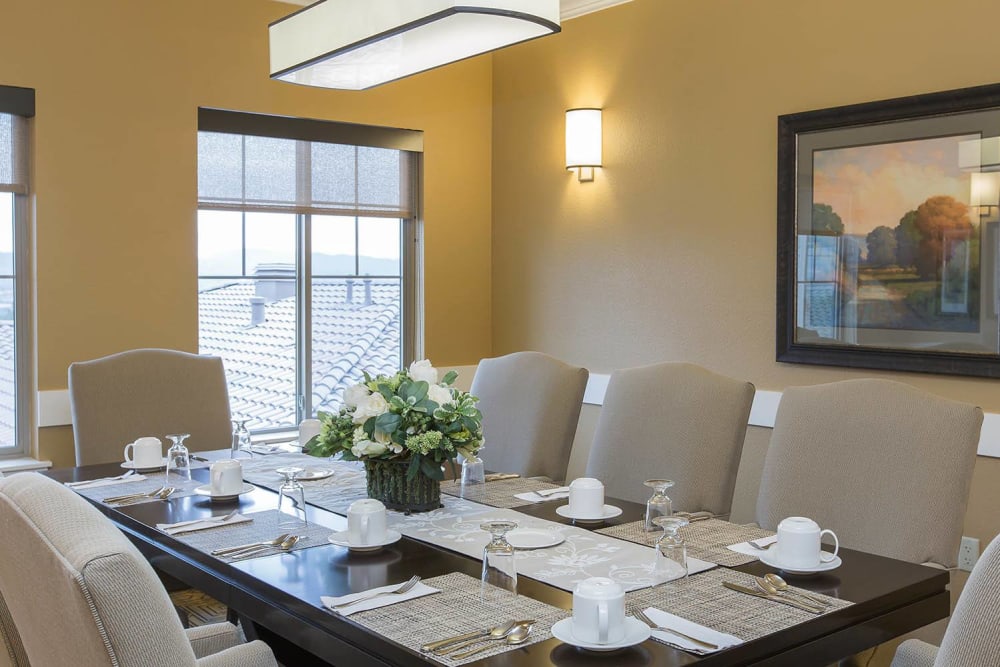 Decorated dining room table at Brightwater Senior Living of Highland in Highland, California