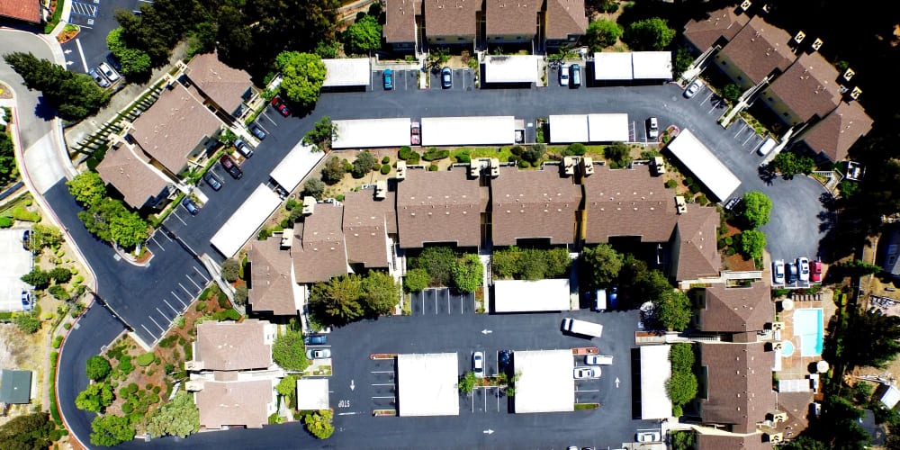 Aerial view of the neighborhood at Quail Hill Apartments in Castro Valley, California