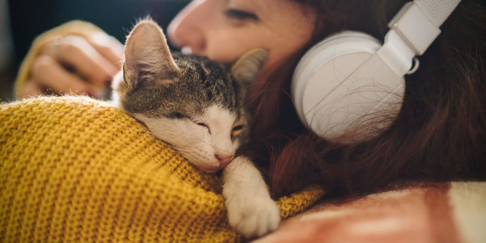 Cat in resident's arms at Bayfair Apartments in San Lorenzo, California