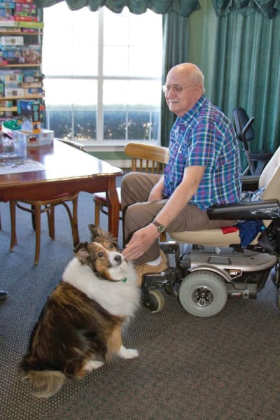 Senior man in a motorized chair petting a dog at Quail Park of Granbury in Granbury, Texas