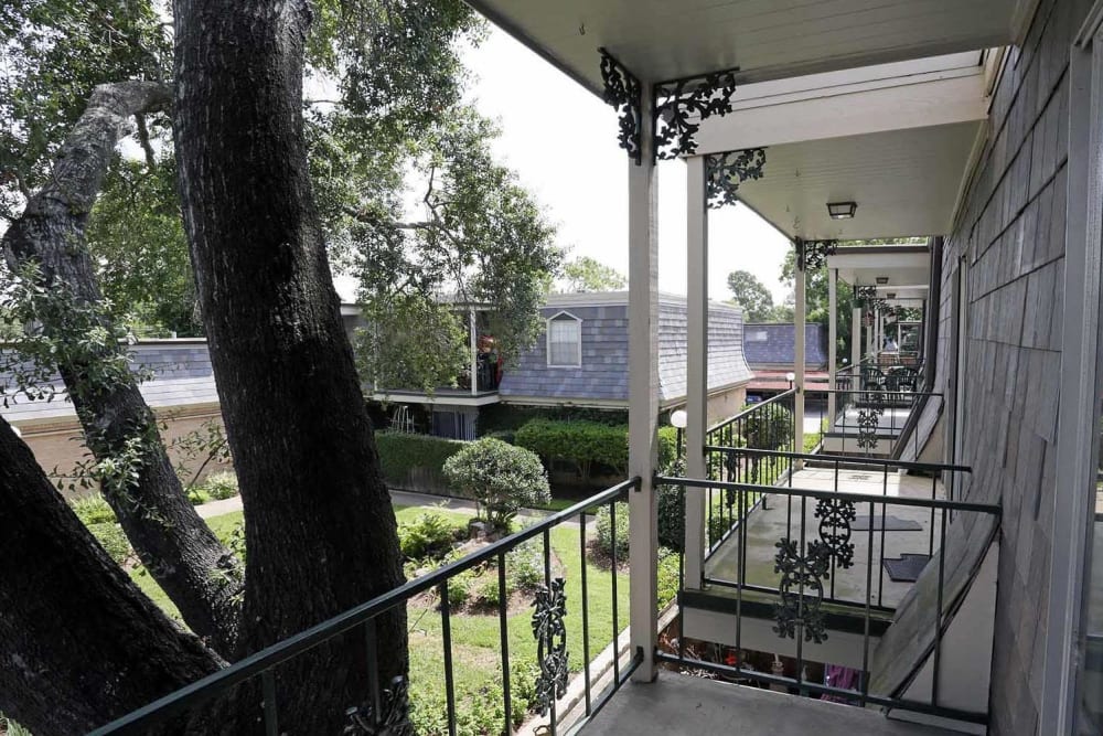 Patios overlooking the central garden at Brittany Place Apartments in Houston, Texas