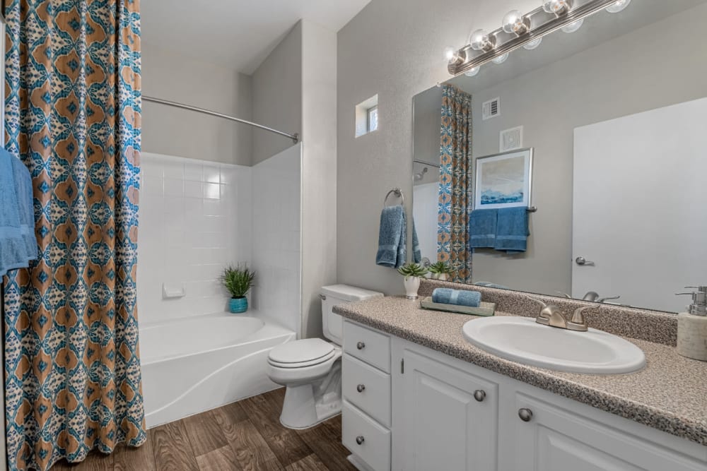 Bathroom with full size bathtub and wood flooring at Alante at the Islands in Chandler, Arizona