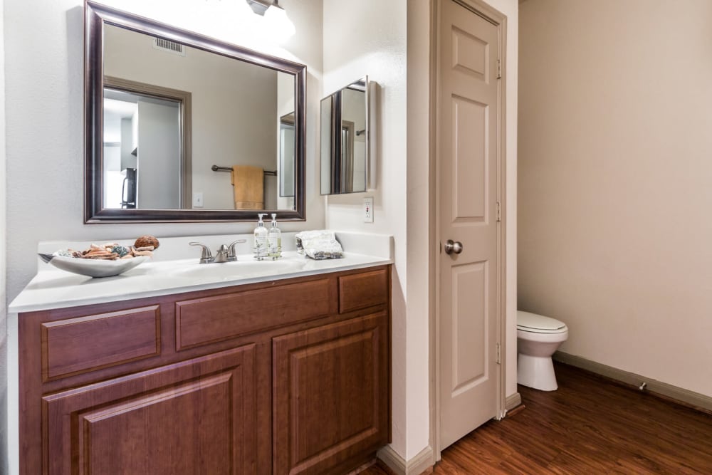 Bright bathroom with wood flooring and utility closet at Marquis on Park Row in Houston, Texas