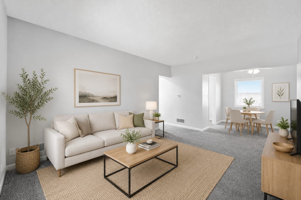 Living area with scenic-style window at Wakonda Village in Des Moines, Iowa