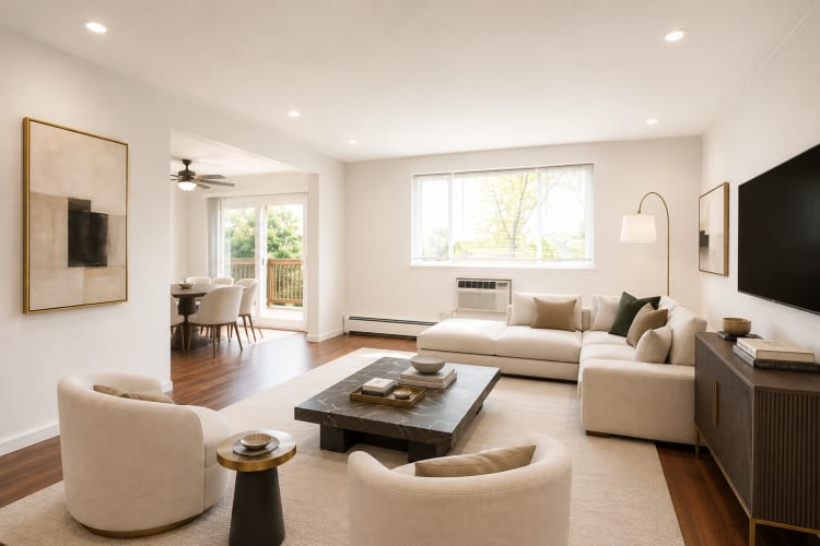Spacious, well-lit living room at Wedgewood West in Rochester, NY.