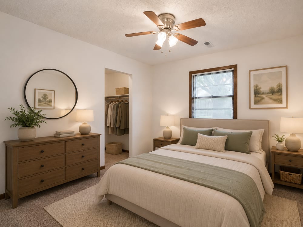 Bedroom with a large bed at South View in Ames, Iowa