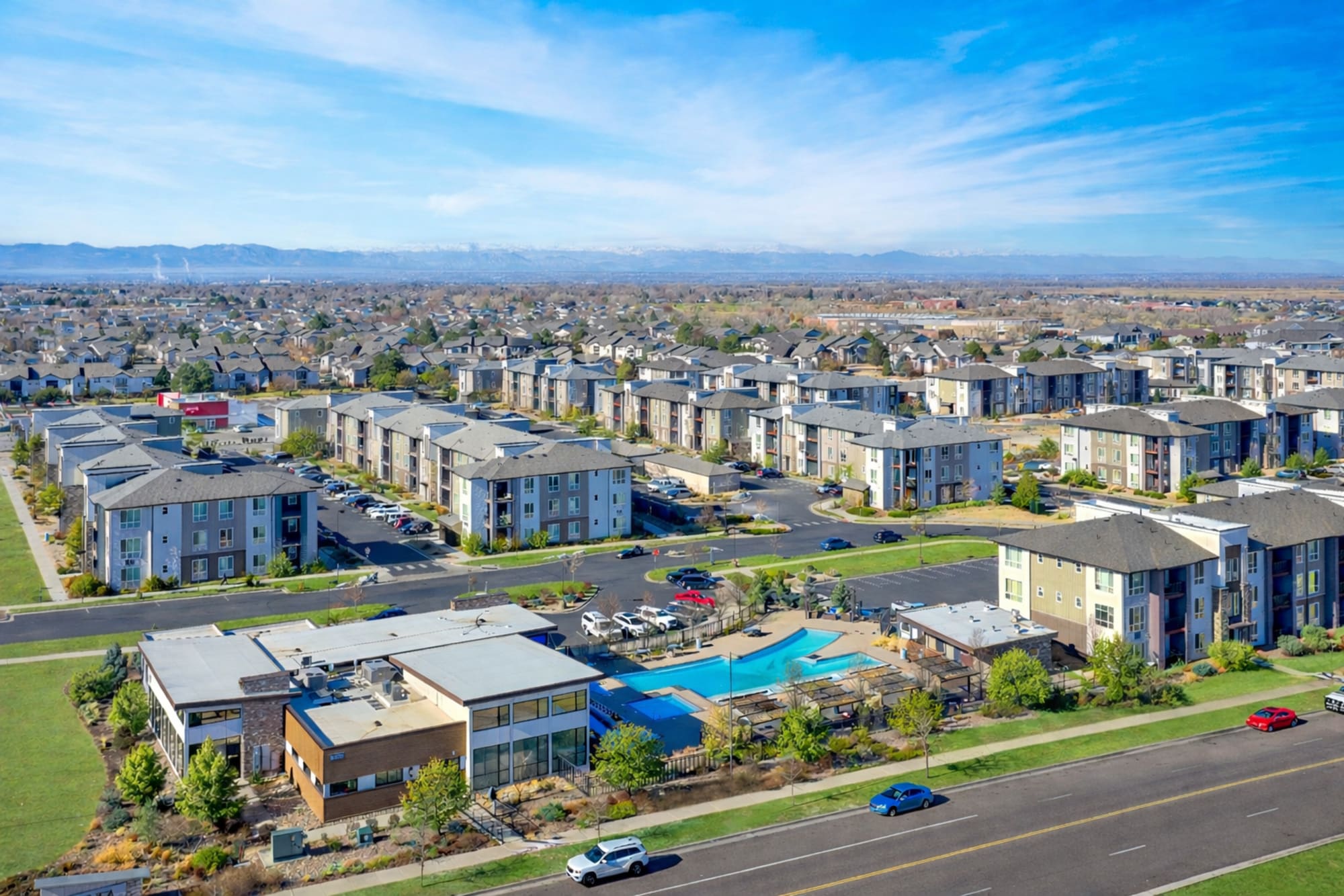 Aerial view of the neighborhood  at Strata Apartments in Denver, Colorado
