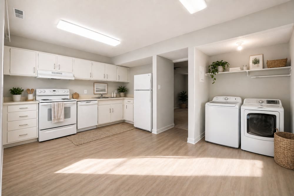 Spacious kitchen with white appliances and laundry area at Union Flats & Townhomes in Lawrence, Kansas