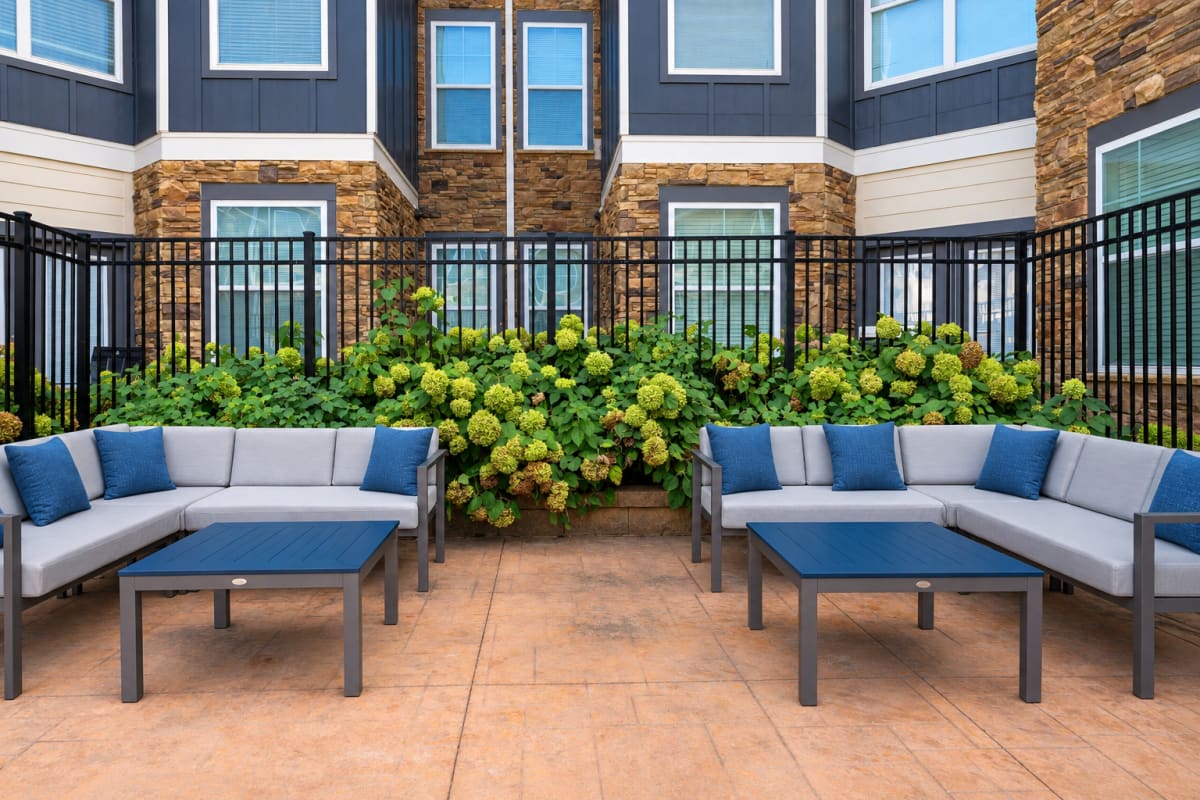 Outdoor lounge seating area with gray sectional sofas, navy throw pillows, and blue coffee tables, situated against a black metal fence and flowering hydrangea bushes near the pool at The Den in Columbia, Missouri