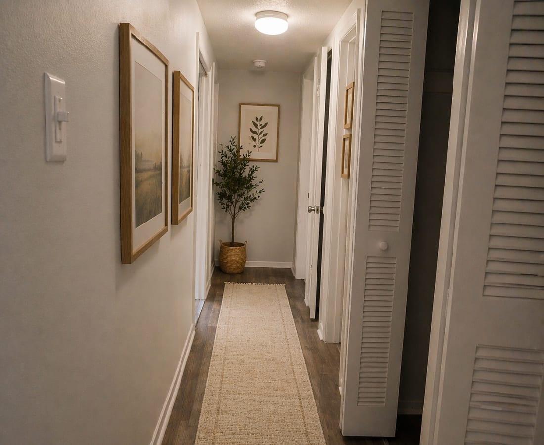 Hallway with artwork and closet doors at Treehaven in Summerville, South Carolina