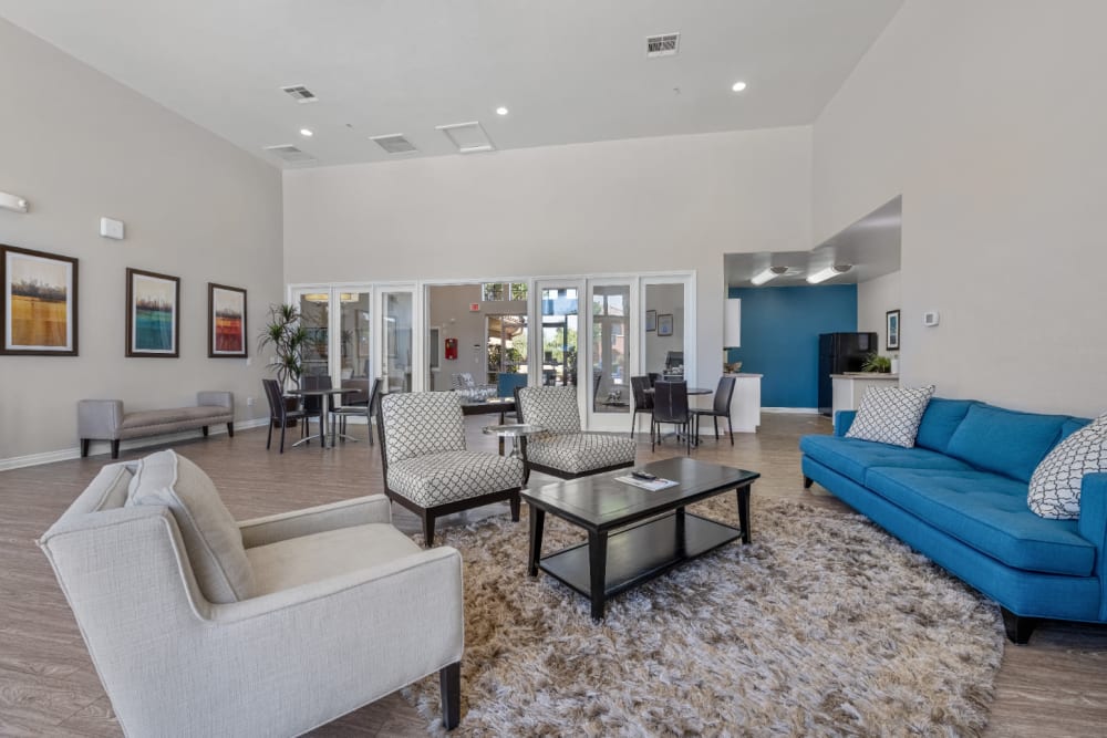 Spacious clubhouse within kitchen and comfortable seating at Alante at the Islands in Chandler, Arizona