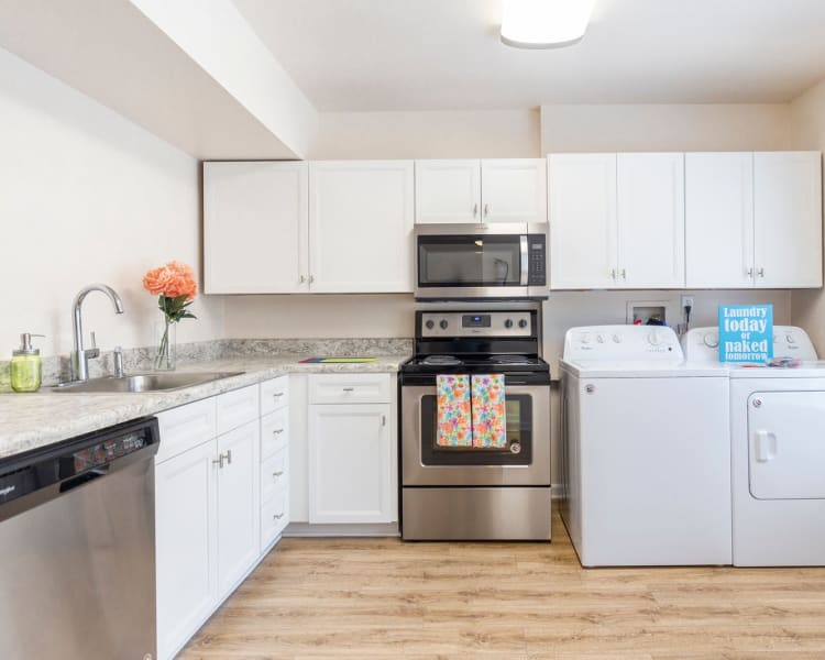 Modern kitchen with stainless-steel appliances and hardwood flooring in a model home at North Woods in Charlottesville, Virginia