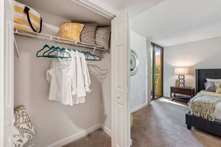 Closet and storage space in bedroom at Meadow Walk Apartments in Miami Lakes, Florida