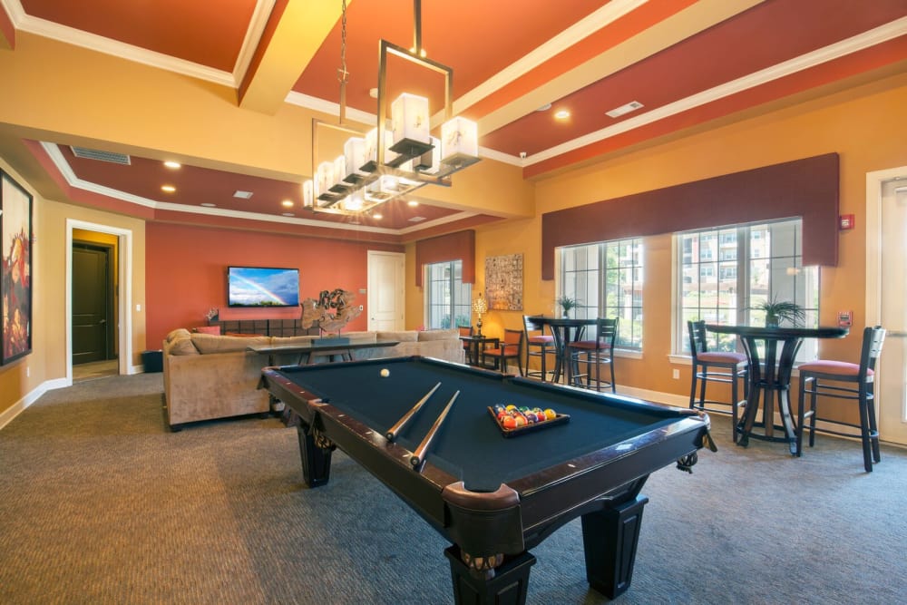 Game room with pool table at Hills Parc in Ooltewah, Tennessee