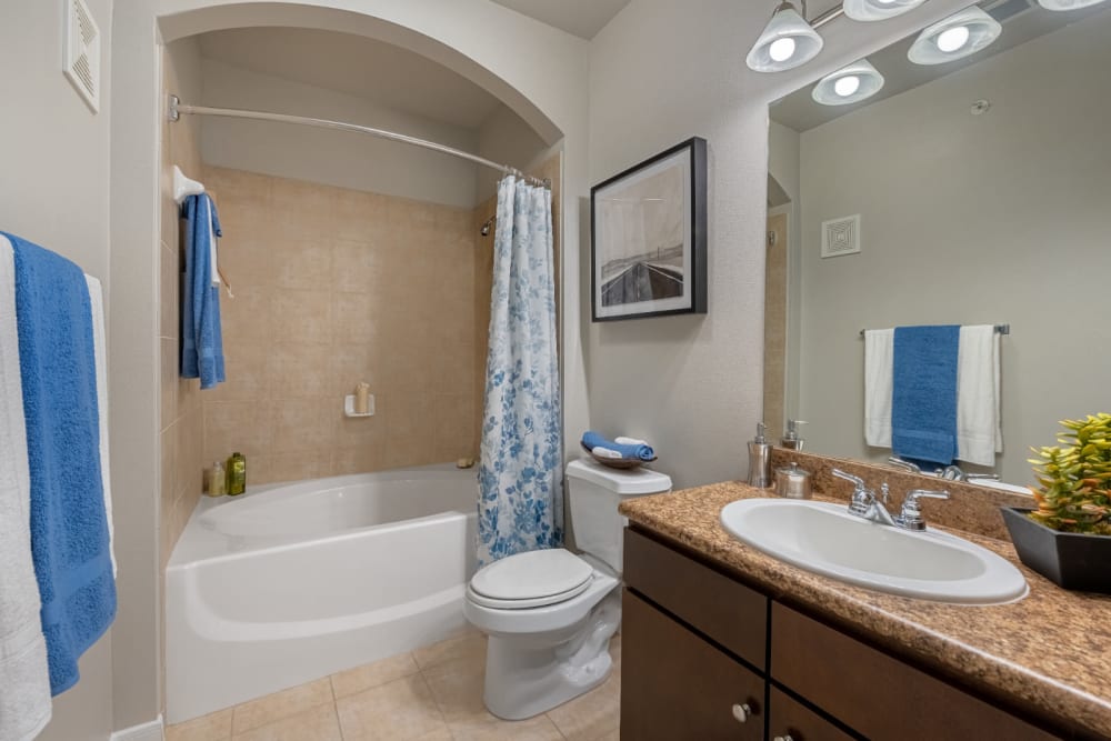 Bright bathroom with full size bathtub at Marquis at Sugar Land in Sugar Land, Texas