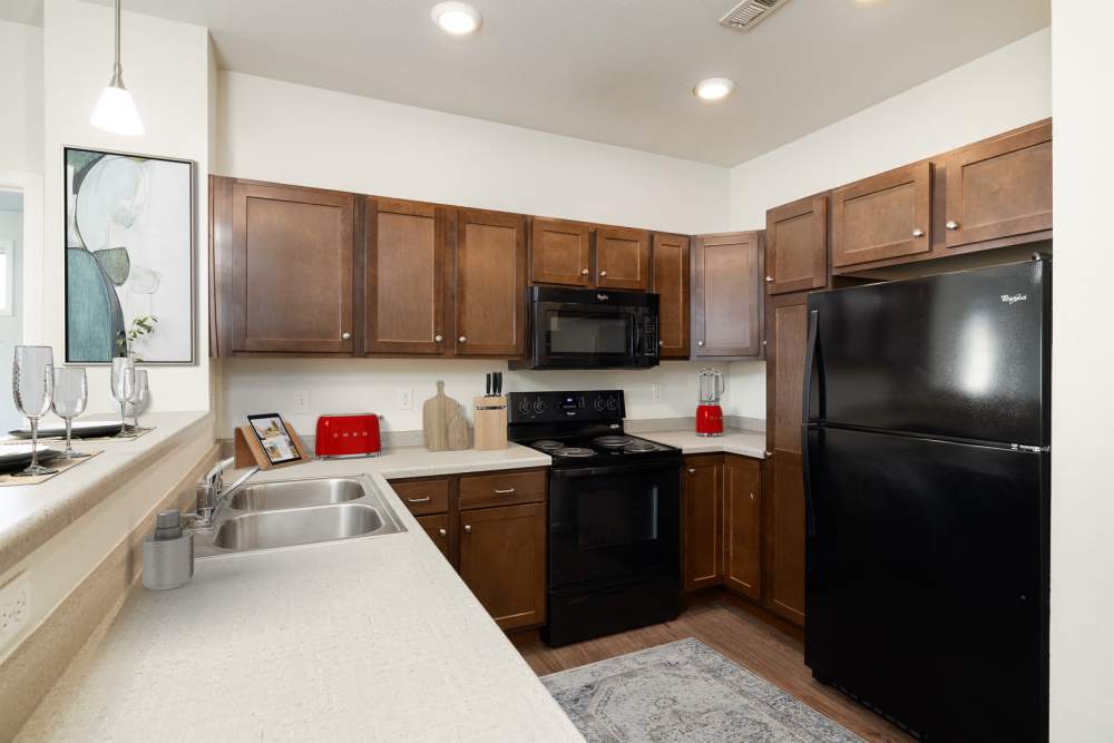 Kitchen with black appliances at Regency Apartment Homes in Williston, North Dakota