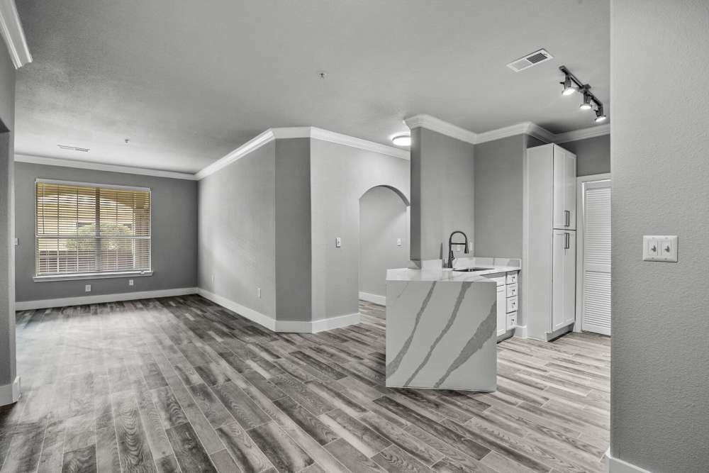 Unfurnished dining area with view to kitchen at Florence in Houston, Texas
