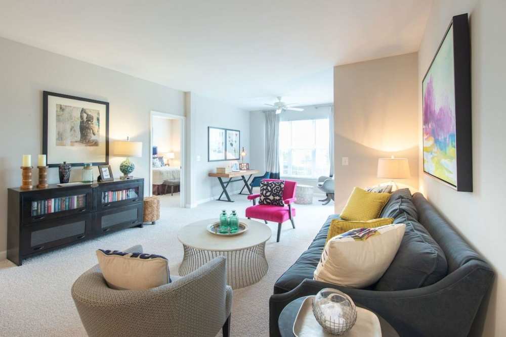 A spacious living room featured with modern furniture at The Elms at Germantown in Germantown, Maryland