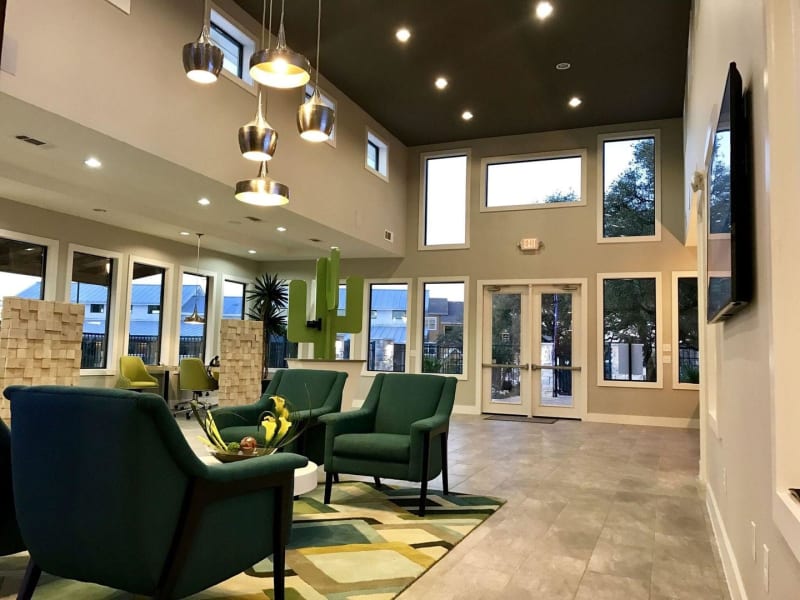 Clubhouse seating and entrance at Creekside at Kenney's Fort in Round Rock, Texas